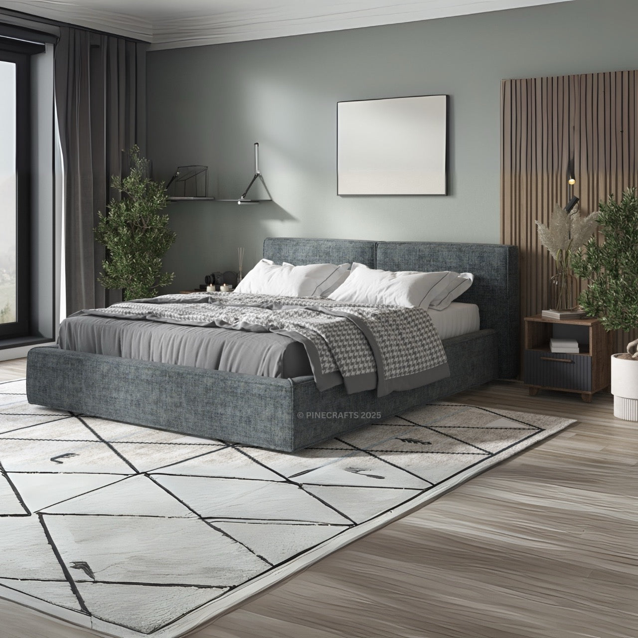 Modern bedroom with a gray upholstered bed, geometric rug, and decorative elements.